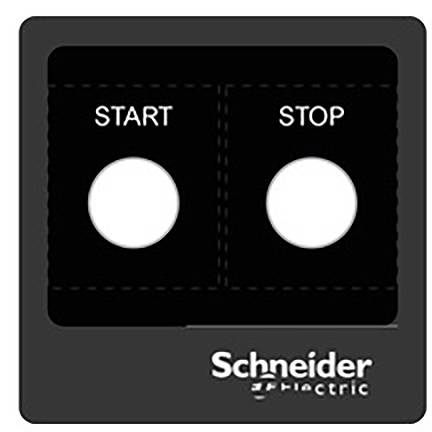 'Start'- und 'Stop'-Taster auf einer schwarzen Schalttafel von Schneider Electric.