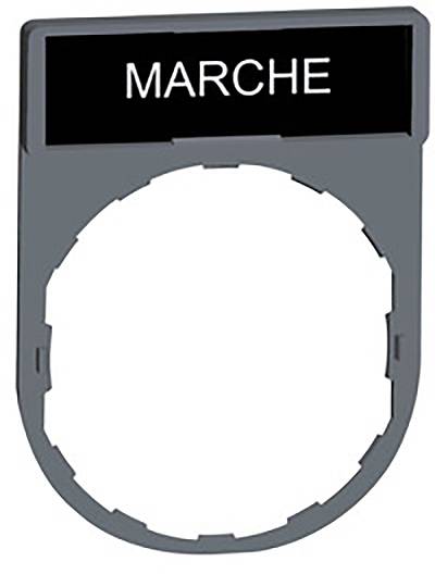 Ein graues kreisförmiges Bauteil mit einem rechteckigen schwarzen Schild oben, auf dem 'MARCHE' in weißer Schrift steht.