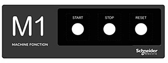 Schwarzes Maschinenbedienfeld 'M1' mit drei Tasten: 'Start', 'Stop', 'Reset'. Schneider Electric Logo rechts unten.