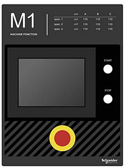 Schaltgerät mit Bildschirm, Tasten für Start und Stop, und einem großen roten Notfallknopf unten. Label: M1 Machine Fonction.