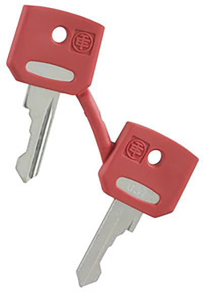 Zwei rote Metallschlüssel sind durch ein rotes Kabel verbunden.