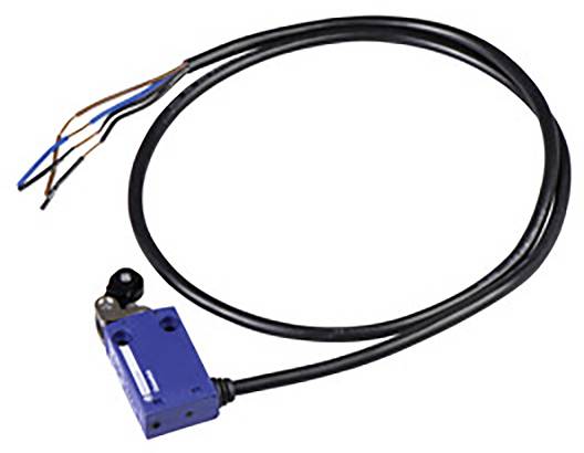 Elektrischer Sensor mit blauem Gehäuse und drei Drähten. Der Sensor ist mit einem langen schwarzen Kabel verbunden.