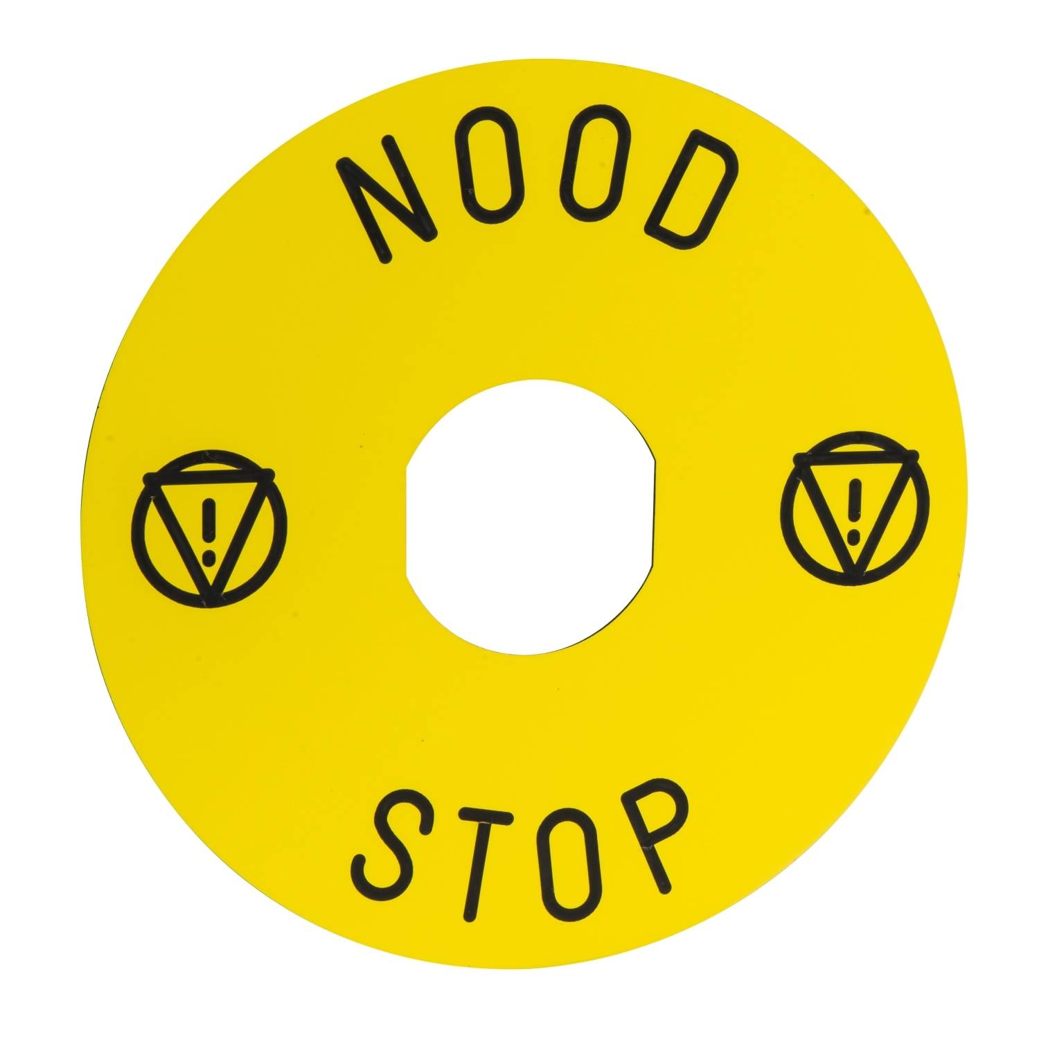 Gelbes Schild mit der Aufschrift 'NOOD STOP' und zwei Warnsymbolen.