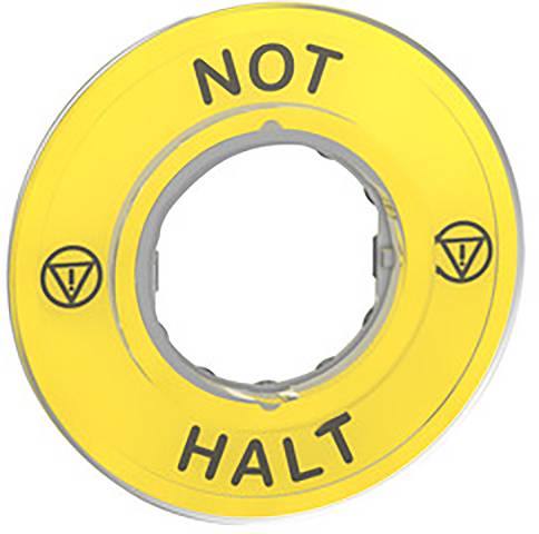 Gelber Rahmen mit der Aufschrift 'NOT HALT', passend für einen Not-Aus-Schalter.