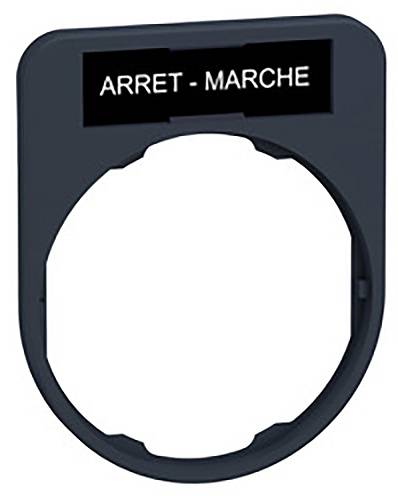 Schwarzer Plastikschalterrahmen mit einem weißen Etikett oben, auf dem 'ARRET - MARCHE' steht.