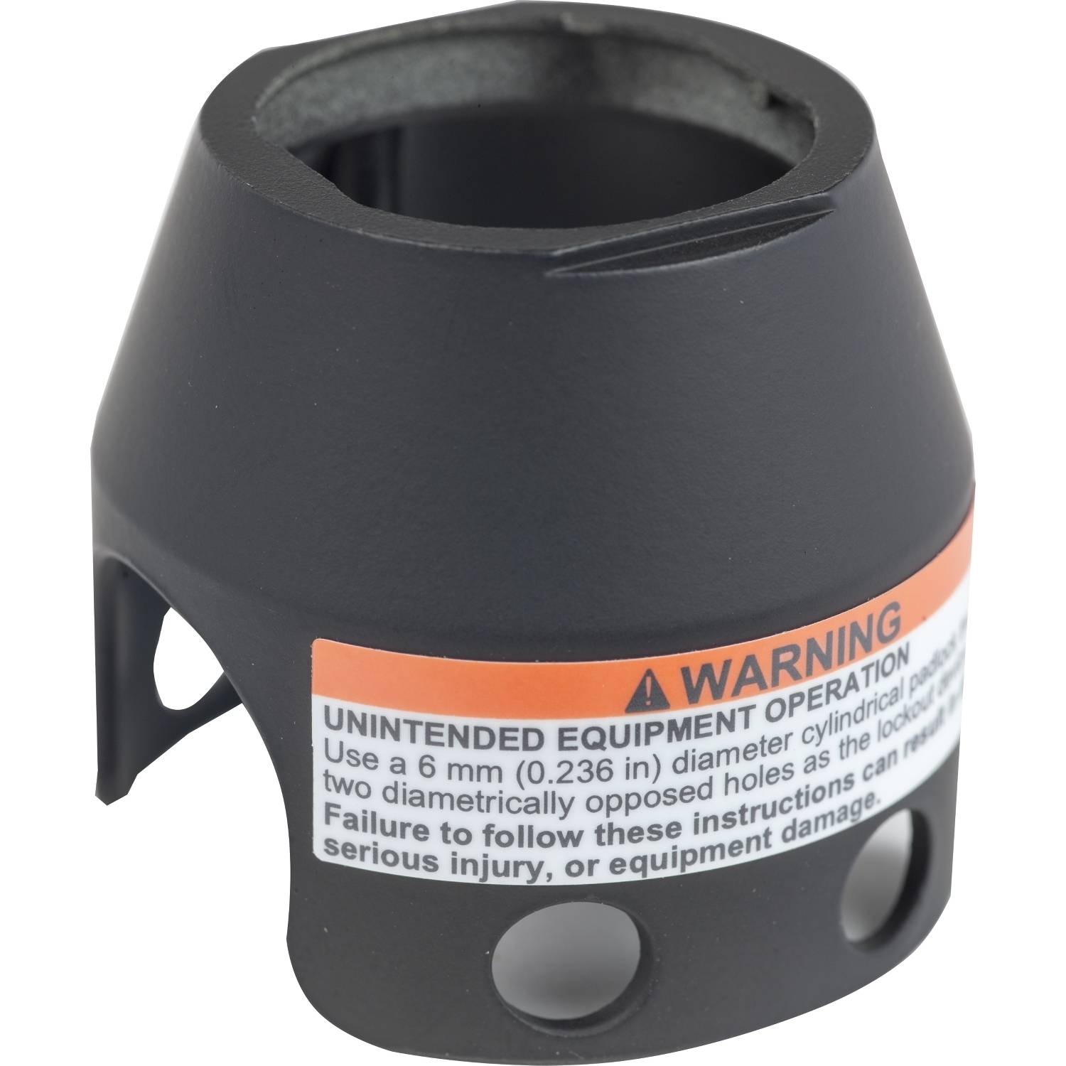 Schwarze Zylinderabdeckung mit Warnhinweis, Löcher an der Basis und Öffnung oben. Text: 'Use a 6 mm (0.236 in) diameter cylindrical...'.
