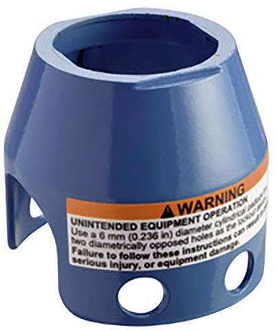 Blauer Maschinenteil mit Warnhinweis: 'Unbeabsichtigter Betrieb kann zu Verletzungen oder Schäden führen. Anweisungen beachten.'