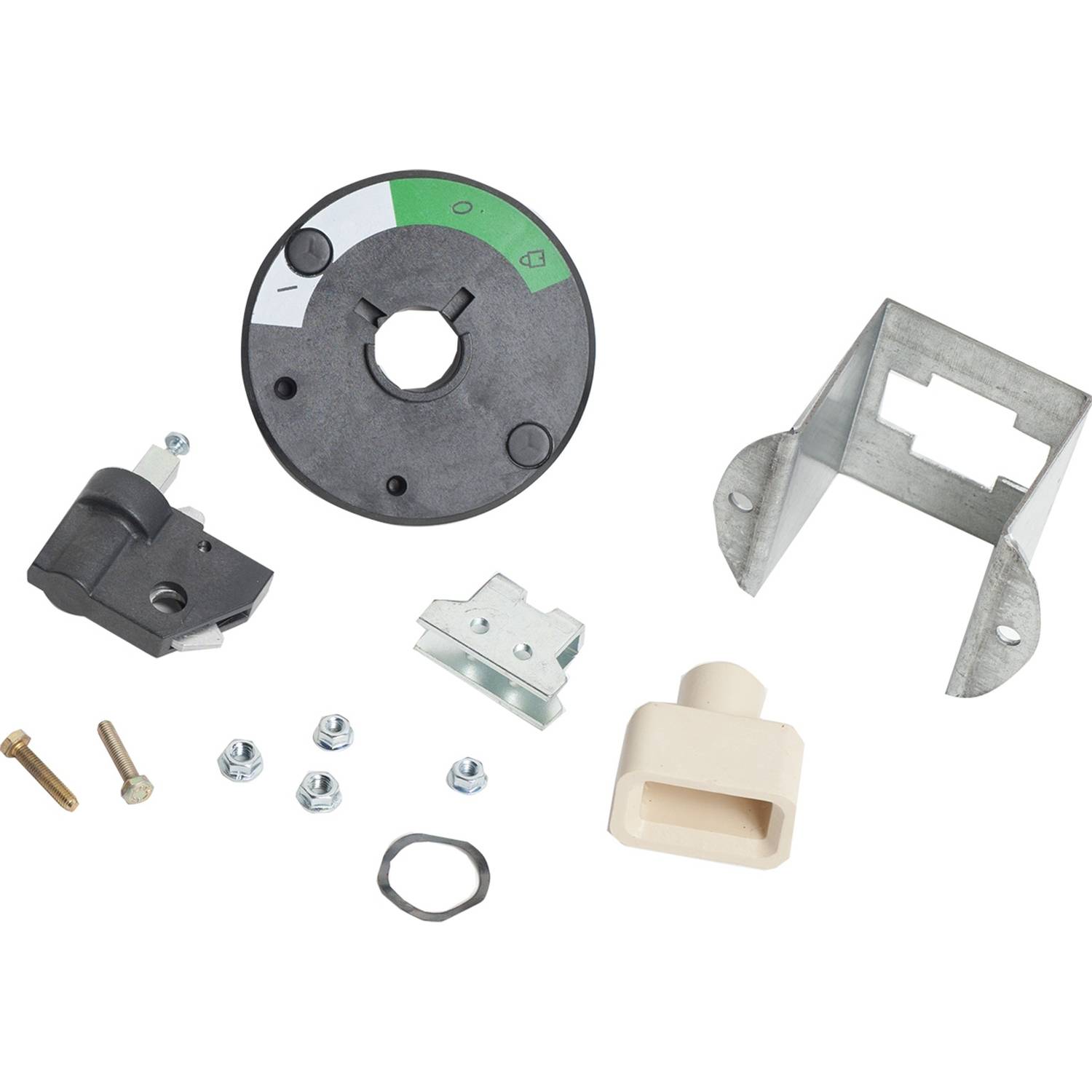 Ein Set aus verschiedenen Montageteilen, darunter ein schwarzes Rad, Schrauben, Muttern, eine beige Halterung und Metallteile, auf weißem Hintergrund.