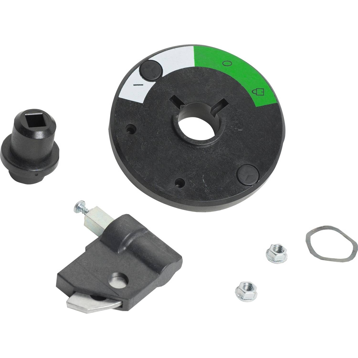 Ein schwarzes, rundes Gerät mit grünem und weißem Abschnitt, umgeben von Metallteilen. Wahrscheinlich ein Teil eines mechanischen Systems.