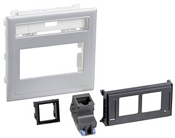 Ein Set von Montagezubehör für Wandsteckdosen, einschließlich eines silbernen Rahmens, schwarzer Adapter und einer RJ45-Buchse.