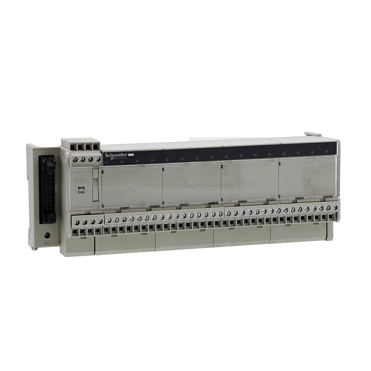 Ein graues, rechteckiges elektrisches Schalttafelmodul von Schneider Electric mit mehreren Anschlusspunkten.
