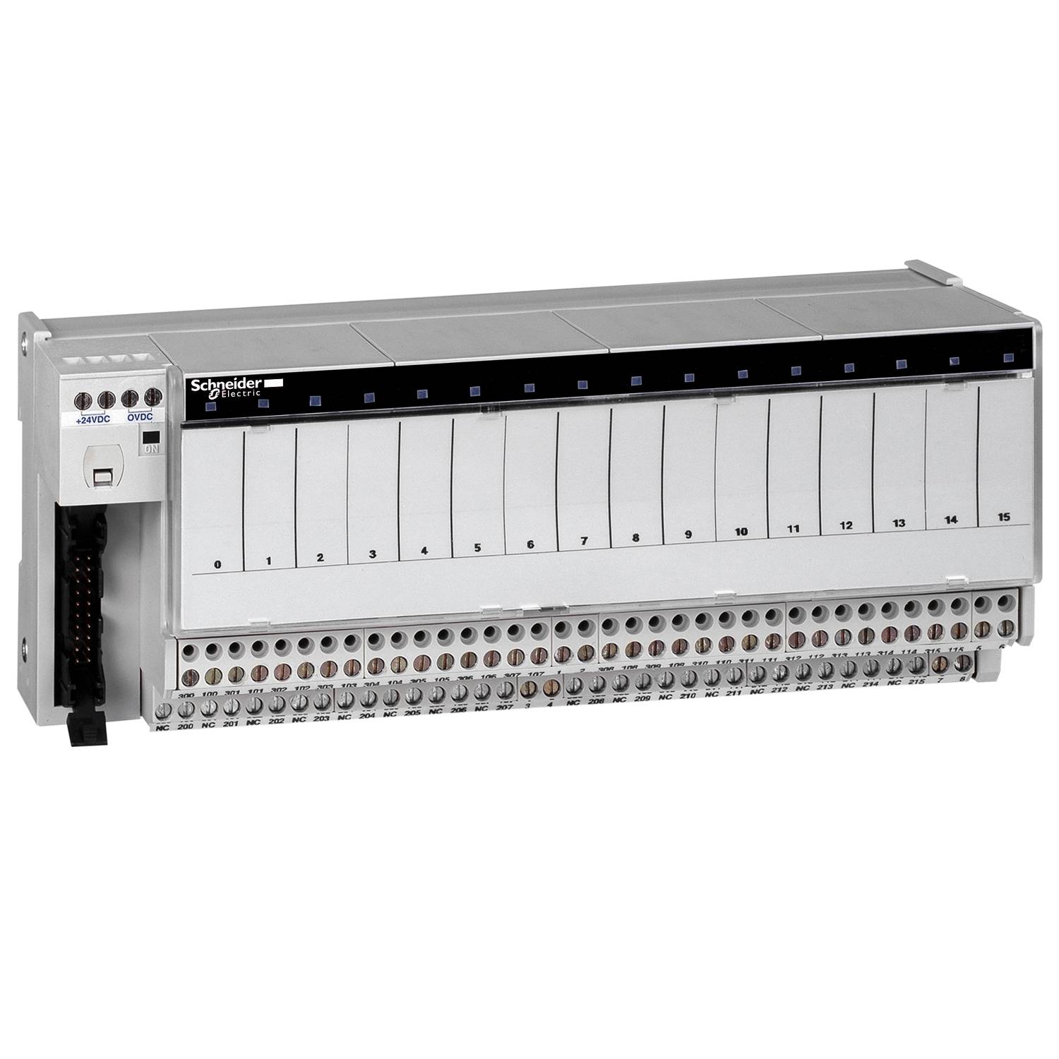 Ein elektrisches Verteilersystem mit 16 nummerierten Positionen, einem Hauptschalter links, von Schneider Electric.