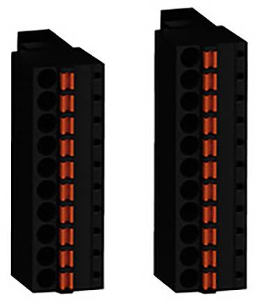 Schwarze Steckverbinder mit orangen Kontakten, nebeneinander angeordnet, für elektronische Anwendungen.