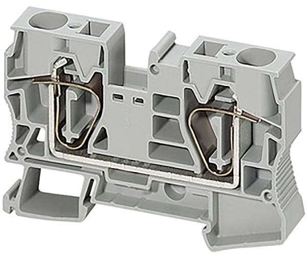 Graue elektrische Klemme mit metallischen Anschlussklemmen; dient zum sicheren Verbinden von Drähten in einem Schaltschrank.