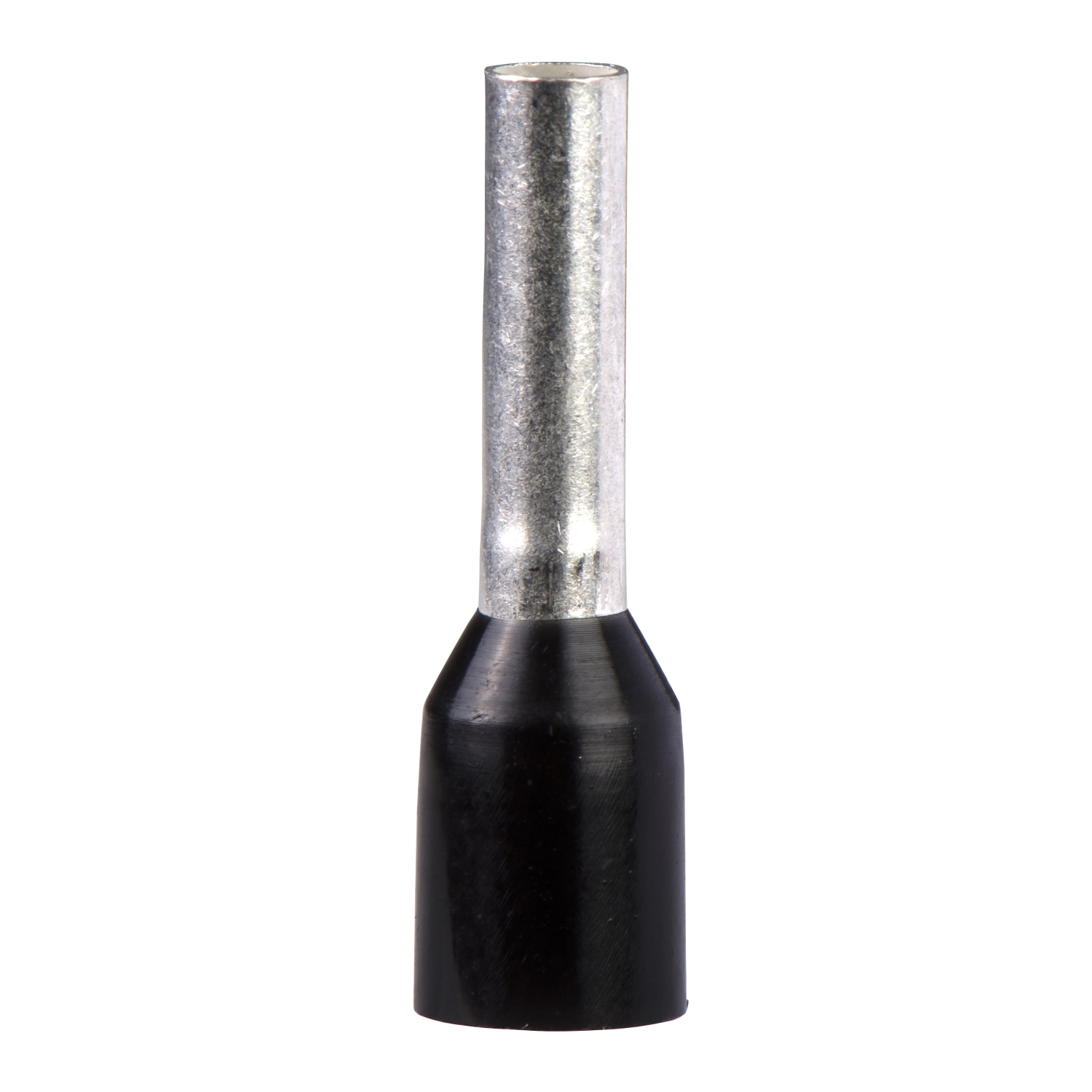 Abgebildet ist eine schwarze Aderendhülse mit metallischem Anschluss, verwendet zur sicheren Befestigung von Kabelenden.
