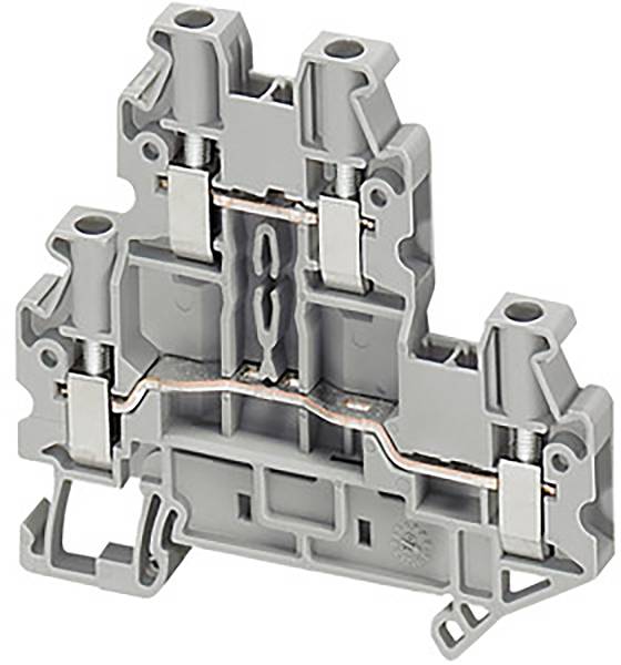 Ein grauer Reihenklemmenblock zur elektrischen Verdrahtung, zeigt Klemmen für zwei Leiter. Geeignet für industrielle Anwendungen.