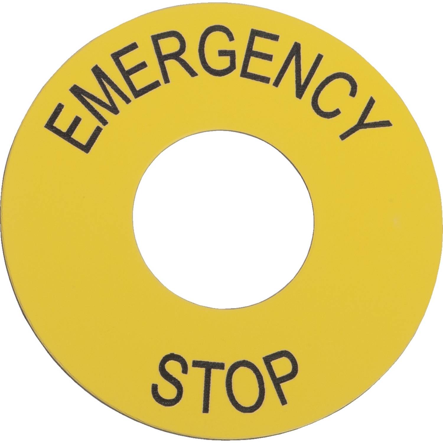 Gelber runder Hintergrund mit schwarzem Text 'EMERGENCY STOP'. Der Text zeigt an, dass es sich um eine Not-Aus-Schalterbeschriftung handelt.