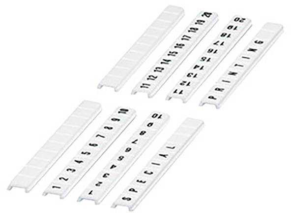Zwei Reihen numerischer und alphabetischer Plastikstreifen, die zur Kodierung oder Markierung von Objekten verwendet werden.
