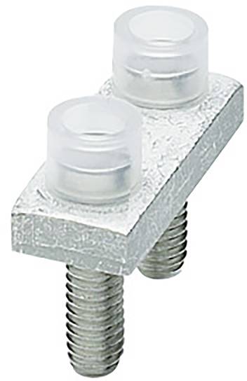 Ein metallischer Schraubverbinder mit zwei Kunststoffkappen, geeignet zur mechanischen Befestigung von Bauteilen.