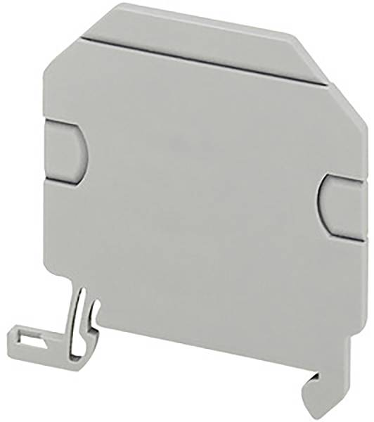 Ein graues, flaches Abdeckteil mit Befestigungsclip, wahrscheinlich für eine elektrische Klemmleiste oder ein ähnliches Bauteil.