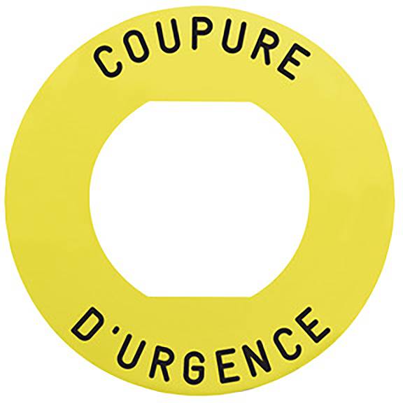 Gelbes Not-Aus-Schild mit französischem Text 'Coupure d'Urgence', was 'Notabschaltung' bedeutet.