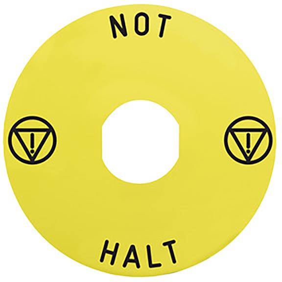 Gelber Not-Aus-Taster mit der Aufschrift 'NOT HALT' und zwei Warnsymbolen auf beiden Seiten.