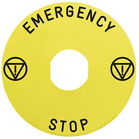 Gelber Not-Aus-Ring mit schwarzem Text 'EMERGENCY STOP' und Warnsymbolen links und rechts.