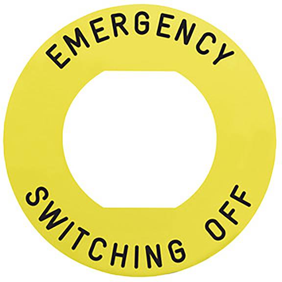 Gelbes Schild in Kreisform mit schwarzer Aufschrift 'EMERGENCY SWITCHING OFF', Hinweis auf Notabschaltung.