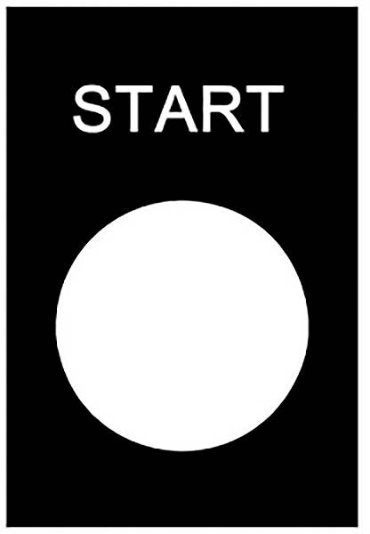 'Start'-Taste auf schwarzem Hintergrund, großer weißer Kreis darunter signalisiert eine interaktive Schaltfläche zum Beginn eines Prozesses.