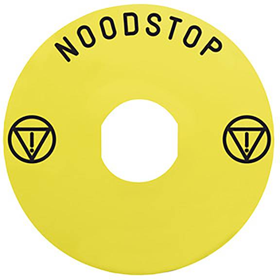 Gelbe Abdeckkappe mit der Aufschrift 'Noodstop' und Warnsymbolen, wahrscheinlich zur Abdeckung eines Not-Aus-Schalters in Notsituationen.