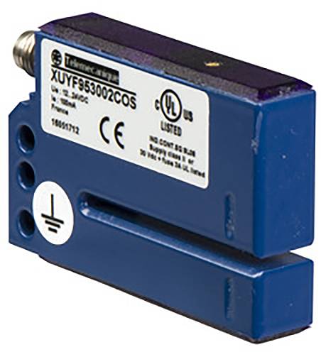 Ein blauer Näherungssensor mit mehreren Zertifizierungen, darunter CE- und UL-Zeichen. Modellnummer XUYF953002COS.