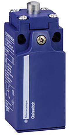 Blauer Endschalter mit silbernem Knopf oben, für industrielle Anwendungen. Modellbeschriftungen sind sichtbar.