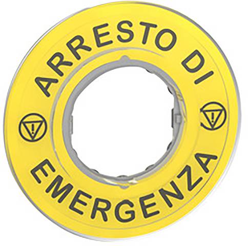 Gelber Not-Aus-Knopf mit der Aufschrift 'Arresto di emergenza', um Maschinen im Notfall schnell zu stoppen.