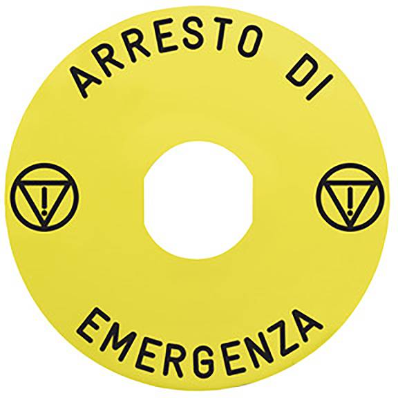 Gelbes Schild mit der Aufschrift 'Arresto di Emergenza'. In der Mitte befindet sich ein Kreis. Zwei Warnsymbole sind oben und unten.