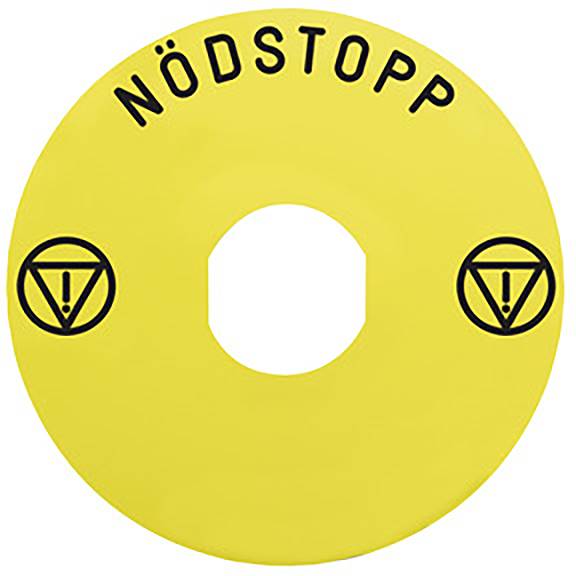 Gelbes Not-Aus-Schild mit schwarzem Text 'NÖDSTOPP' und zwei Symbols mit Ausrufezeichen in Kreisen.