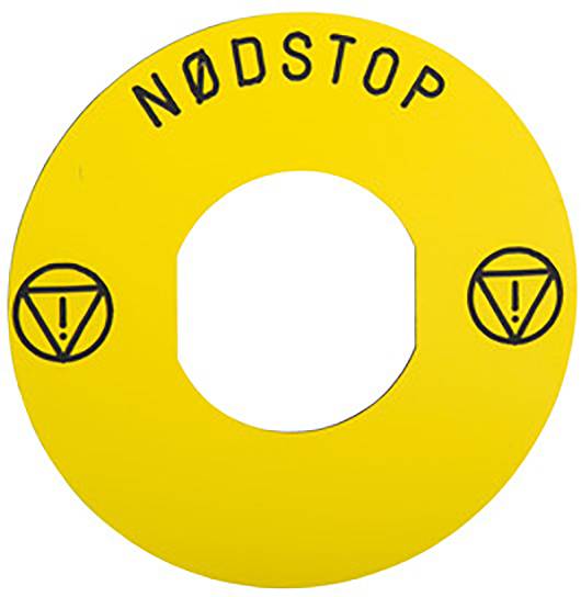 Gelbes Notstoppschild mit der Aufschrift 'NØDSTOP' und zwei Warnsymbolen mit Ausrufezeichen.