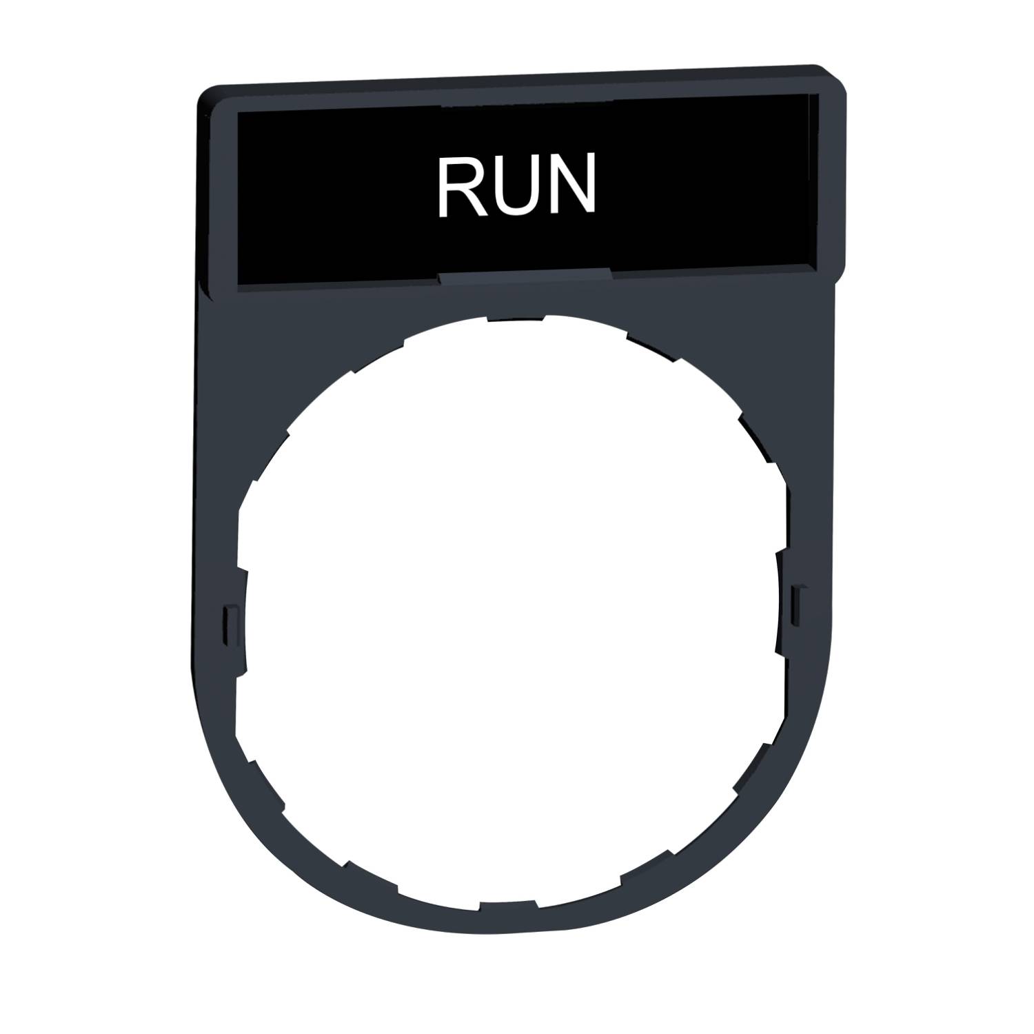 Schwarzer Knopf mit der Aufschrift 'RUN', ohne sichtbare elektrische oder mechanische Teile.