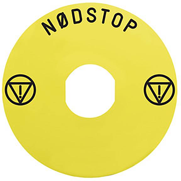 Gelbe Notstopp-Abdeckung mit der schwarzen Aufschrift 'NØDSTOP' und zwei Warnsymbolen.