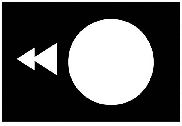 Ein schwarzes Rechteck mit einem weißen Kreis rechts und einem weißen Pfeil links, der nach links zeigt.