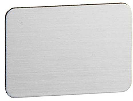 Rechteckige silberne Metallplatte mit abgerundeten Ecken, ohne Aufschrift oder Verzierungen.
