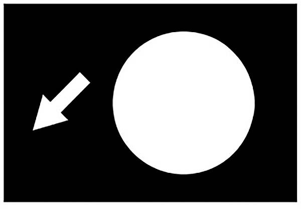 Eine weiße Fläche mit einem weißen Kreis rechts und einem diagonalen Pfeil, der von links oben nach rechts unten auf den Kreis zeigt.