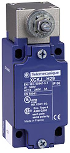 Blauer Endschalter von Telemecanique, Modell XCKJ-H29. Rechteckiges Gehäuse, IP66 Schutzart, mit silberner Oberseite und Betriebsspannung 240V.