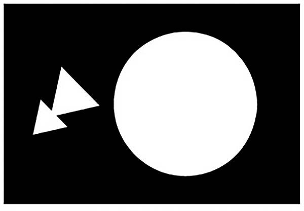 Ein weißer Kreis und zwei weiße Dreiecke auf schwarzem Hintergrund. Der Kreis ist rechts, die Dreiecke links und zeigen nach rechts.