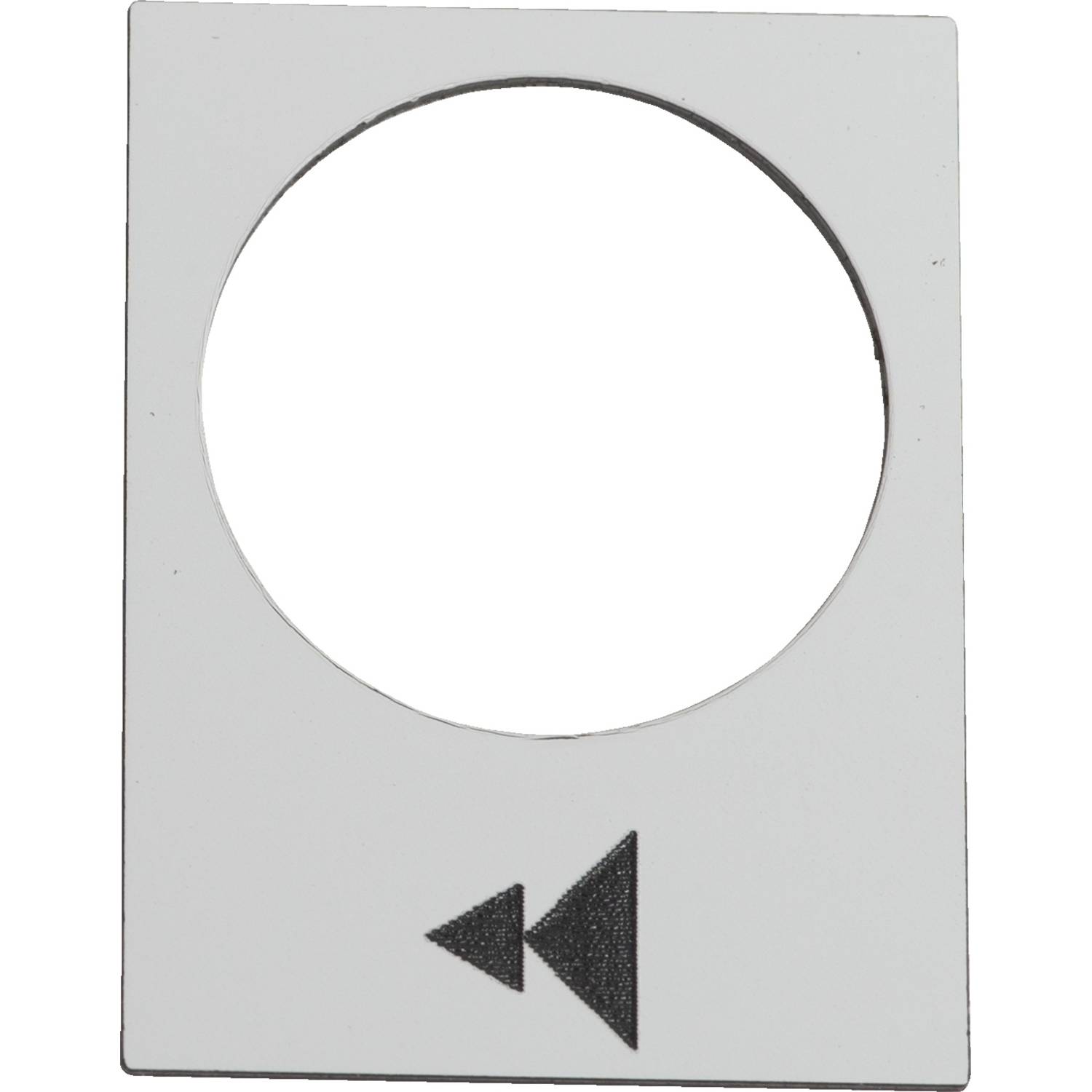 Weiße quadratische Fläche mit einem ausgeschnittenen Kreis in der Mitte und einem schwarzen Dreiecks-Pfeilsymbol darunter, das nach links zeigt.