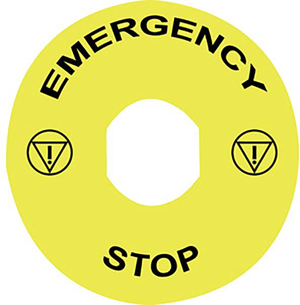 Not-Aus-Schalter mit gelbem Aufsatz und schwarzer Aufschrift 'EMERGENCY STOP', sowie Warnsymbolen.