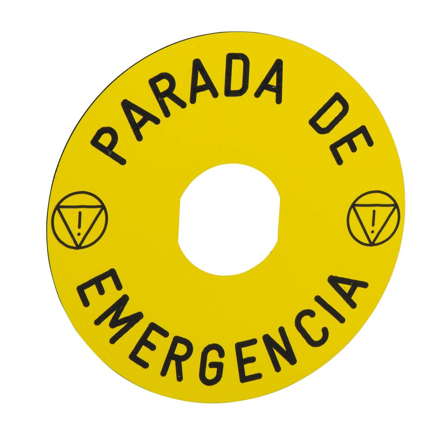 Gelbes, rundes Schild mit schwarzem Text 'PARADA DE EMERGENCIA' und zwei Warnsymbolen.