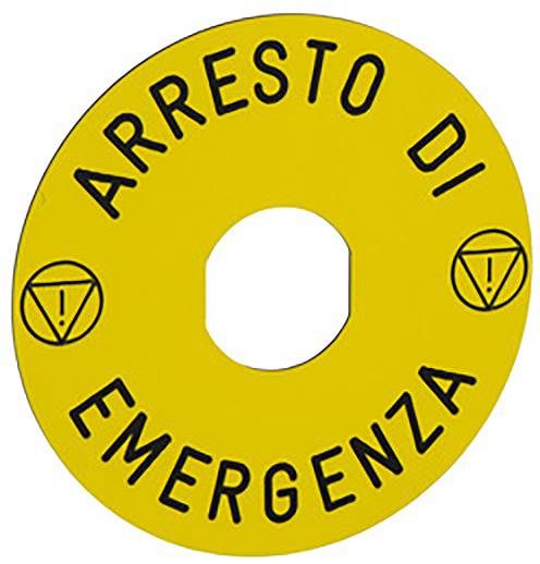 Gelbes Schild mit der Aufschrift 'Arresto di Emergenza' und Warnsymbolen, weist auf einen Not-Aus-Schalter hin.