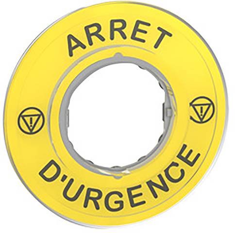 Gelber Notfallstopp-Schalter mit schwarzer Aufschrift 'ARRET D'URGENCE'; Sicherheitszeichen vorhanden.