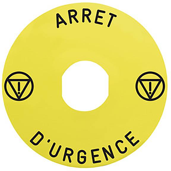 Gelbes Notfall-Stopp-Schild mit der Aufschrift 'ARRET D'URGENCE' und zwei Warnsymbolen an den Rändern.