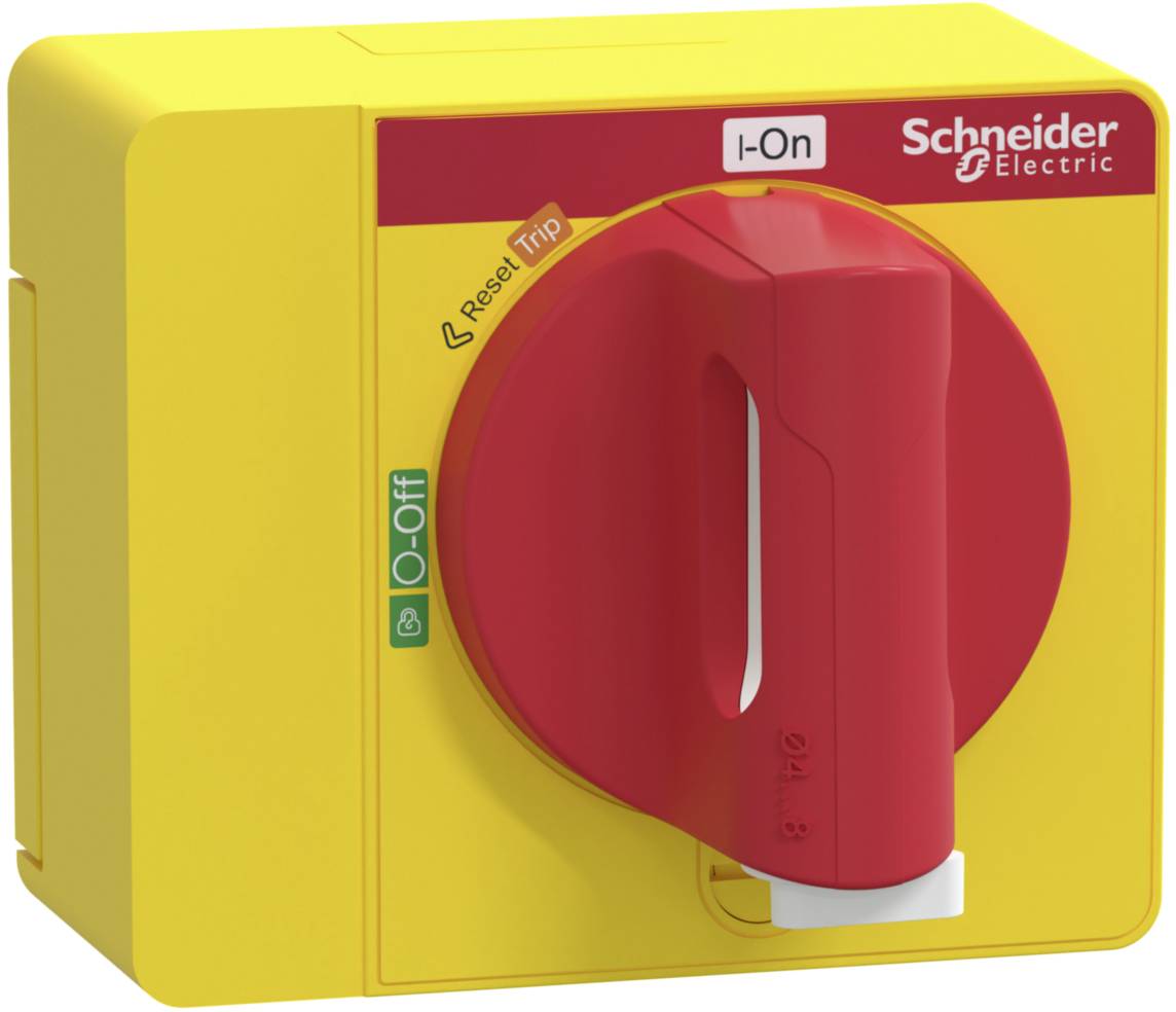 Gelbes Gerät mit rotem Drehschalter, gekennzeichnet 'I-On'. Markenlogo 'Schneider Electric'. Knopf für 'Reset Trip' und '0-Off'-Position.